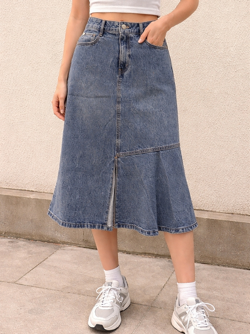 Vintage Teenie Weenie Denim Midi Skirt High Waist Blue